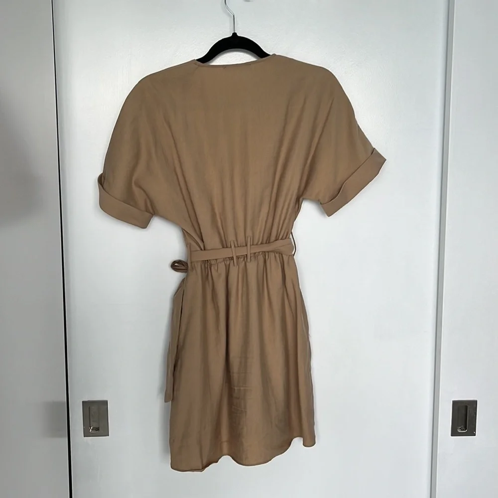 Zara Tie-Waist Button-Front Mini Dress | Beige/Tan | Size Small - Picture 3 of 3